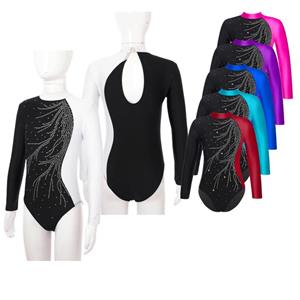 ZDHoor Meisjes Dans Gymnastiek Turnpakje Lange Mouw Faux Diamanten Versierd Sleutelgat Achterstijl Romper Kinderen 14-16 Years helder roze