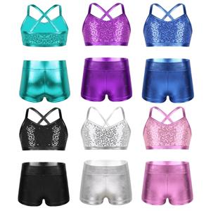 YONGHS Kinderen Meisjes 2-delige Ballet Actieve Outfits Glanzende Tank Top met Booty Shorts Gymnastiek Turnpakje Dans Gym Workout Kleding