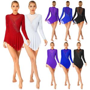 IEFiEL Vrouwen Kunstschaatskostuum Glanzend Strass Sheer Mesh Lyrische Dans Ballet Gymnastiek Turnpakje Jurk met lange mouwen S koningsblauwe kleur