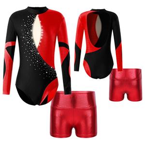 Tiaobug Kinderen meisjes lange mouw open rug glanzende diamanten versierd patchwork turnpakje met hoge taille shorts voor dansgymnastieksporten 5-6 Years helder roze
