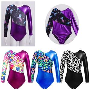 Inlzdz Gymnastiek Leotards voor Meisjes Glinsterende Danskleding Lange Mouwen Bedrukte Jumpsuit Yoga Ballet Dans Kleding 7-8 Years paars