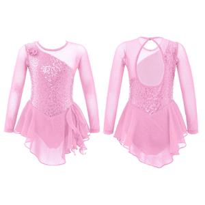 Tiaobug Kinderen meisjes turnpakje jurk ballet kunstschaatsen ballerina kostuum pailletten lange mouwen jurk 3-4 Years rood