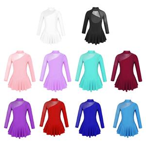 Aislor Girls gymnastic Leotard Ballet Dress Kid Long Sleeves Mock Neck Tulle Splice Cutouts Back Figure Ice Skating Dress 3-4 Years