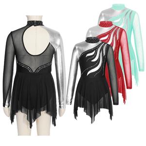 ZDHoor Stijlvolle dansjurk voor kinderen, meisjes, lange mouwen, strassdecor, holle rugjurk voor schaatsen 5-6 Years zwart