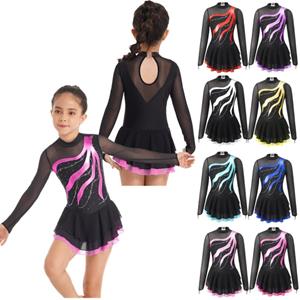 Daenrui Kinderen Meisjes Lange Mouw Strass Decor Patchwork Stijl Holle Rug Gymnastiek Dans Schaatsen Jurk 5-6 Years meer groene kleur