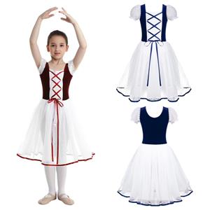 Tiaobug Kinderen Meisjes Fluwelen Mesh Kantwerk Korte Bubble Mouwen Ballet Dans Gymnastiek Turnpakje Vierkante Hals Tutu Jurk 3-4 Years marineblauwe kleur