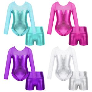 Ranrann Kinderen meisjes metallic lange mouw sprankelend atletisch danspakje met shorts outfits ballet unitard biketards danskleding 3-4 Years meer groene kleur