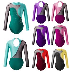 IEFiEL Kinderen Meisjes Ronde Kraag Lange Mouw Glanzend Strass Decor Holle Rug Ballet Dans Turnpakje Schaatsen Jumpsuit 3-4 Years bordeaux