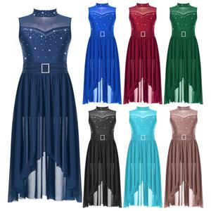 Ranrann Kinderen meisjes strass lyrische moderne dansjurk mouwloos terug holle latin ballet dans turnpakje jurk 5-6 Years marineblauwe kleur