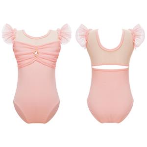 YONGHS Turnpakje voor kinderen, meisjes, ruchemouwen, ruches, mesh, patchwork, uitsparing aan de achterkant, voor balletdansgymnastiek 3-4 Years roze