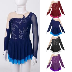 Manyakai Dansjurken Meisjes Pailletten Kunstschaatsjurk Kinderen Balletjurk met lange mouwen Gymnastiek Turnpakje Competitie Danskostuum 5-6 Years marineblauwe kleur
