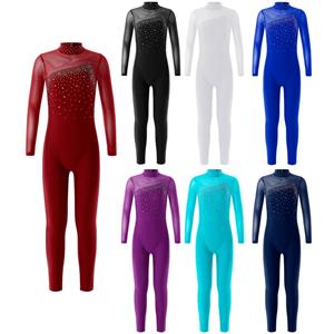 Ranrann Kinderen Meisjes Mode Turnpakje Lange Mouw Ronde Kraag Holle Rug Schaatsen Prestaties Jumpsuit 5-6 Years bordeaux