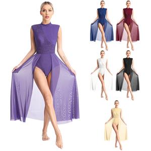 YONGHS Womens hedendaagse lyrische dansjurk ballet gymnastiek turnpakje mouwloos chiffon flowy jurk podiumprestaties danskleding S marineblauwe kleur