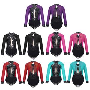 Sywiyi Kinderen meisjes ballet dans turnpakje jurk kunstschaatsen ritmische gymnastiek bodysuit glanzende strass mesh rok jumpsuit 5-6 Years paars