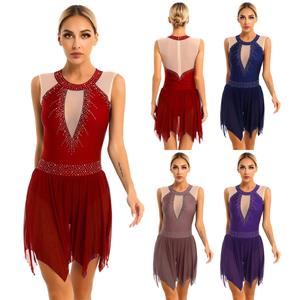 IEFiEL Dames kunstschaatsen dans turnpakje jurk prestatie kostuum glitter strass mouwloze jurken M bordeaux