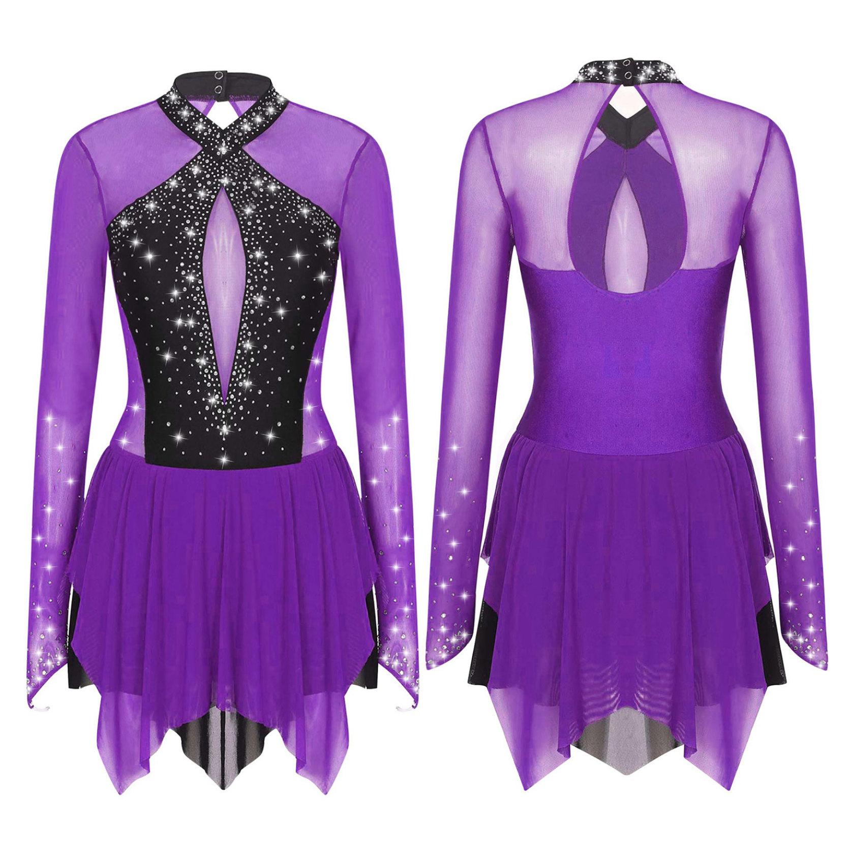 Yunduantong-electronic Dames Danskleding Strass Ballet Dans Jurk Wedstrijd Leotard Glanzend Rok Mesh Splice S