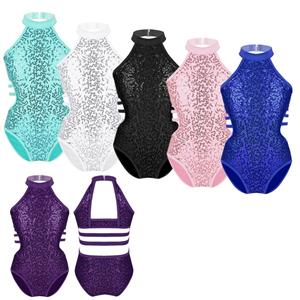 YOOJIA Kids Meisjes Halter Uitsparing Terug Strappy Taille Ballet Dans Turnpakje Glanzende Pailletten Gymnastiek Atletiek Jumpsuit 5-6 Years zwart