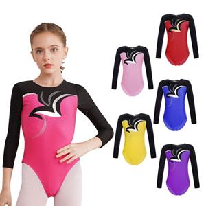 Daenrui Kinderen Meisjes Glanzende Strass Gymnastiek Leotard Kunstschaatsen Dansvoorstelling Kostuum Lange Mouw Bodysuit 7-8 Years paars