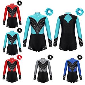 IEFiEL Meisjes Shiny Diamond Lange Mouw Shorty Jumpsuit Gymnastiek Ballet Dans Leotard Unitard Atletische Biketard Bodysuit met Haarelastiek Hoofddeksel 5-6 Years