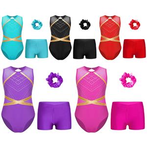 YOOJIA Kinderen Meisjes Gymnastiek Outfit Sleutelgat Rug Patchwork Mouwloos Glinsterende Strass Leotard met V-voorkant Tailleband Shorts Haarelastiek Hoofddeksel 5-6 Years zwart