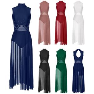 WinYing Vrouwen Moderne Lyrische Dansjurk Ballet Gymnastiek Leotard Mouwloos Strass Mesh Jurken Podiumvoorstelling Danskleding S bordeaux