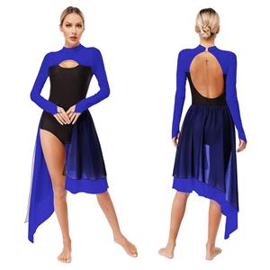Yunduantong-electronic Lange mouw onregelmatige uitsparing ballet gymnastiek leotard jurk schaatskleding danskleding moderne lyrische danskostuum voor vrouwen meisje S wit