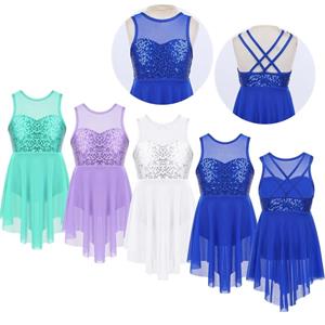 IEFiEL 2 Kinderen Meisjes Ballet Dans Leotard Jurk Pailletten Criss-Cross Rug Onregelmatige Zoom Lyrische Dans Kostuum Jurk 5-6 Years wit