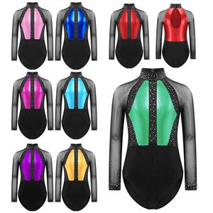 IEFiEL Kinderen Meisjes Glanzende Strass Leotard Kleur Blok Patchwork Sleutelgat Rug Transparant Mesh Lange Mouw Bodysuit voor Gymnastiek Dans Kunstschaatsen 5-6 Years blauw