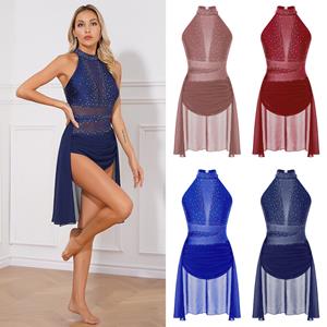 YONGHS Vrouwen Lyrische Dans Kostuum Halter Hals Flowy Rok Jurk Ballet Leotard Moderne Hedendaagse Danskleding S marineblauwe kleur
