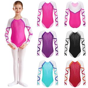 Yunduantong-electronic Meisjes Ballet Gymnastiek Acrobatiek Leotard Kunstschaatsen Dans Unitard Glanzende Pailletten Strass Ronde Hals Lange Mouw Bodysuit 5-6 Years warm roze kleur