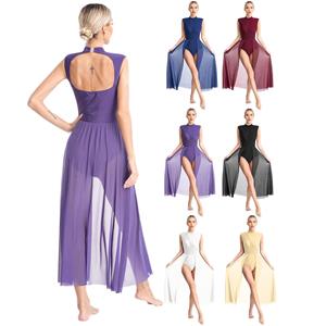 Yeahdor Womens hedendaagse lyrische dansjurk ballet gymnastiek turnpakje mouwloos chiffon flowy jurk podiumprestaties danskleding S marineblauwe kleur