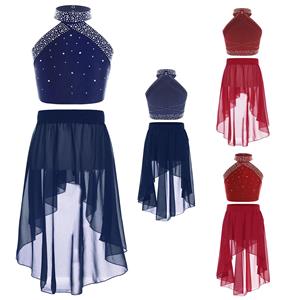 Yunduantong-electronic Meisjes Dans Training Outfit Gymnastiek Ballerina Lyrical Dancing Studio Oefenkostuum Lange Balletrok Ballet Danskleding 2 stuks 5-6 Years marineblauwe kleur