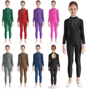 Yunduantong-electronic Meisjes Strass Decor Lange Mouw Jumpsuit voor Ballet Gymnastiek Acrobatiek Yoga Workout Full Body Stretch Kunstrijden Unitard 5-6 Years marineblauwe kleur
