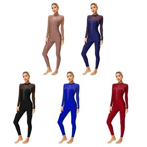Tiaobug Vrouwen Glinsterende Strass Jumpsuit Transparante Mesh Patchwork Lange Mouw Keyhole Rug Bodysuit voor Kunstschaatsen Dans Gymnastiek Prestaties S bordeaux