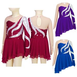 Daenrui Dans Schaatsen Kostuum Kinderen Meisjes Lange Mouw Pailletten Decor Patchwork Stijl Jurk 5-6 Years rood