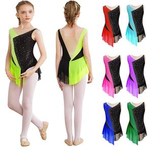 Yunduantong-electronic Kinderen Meisjes Ballet Jazz Moderne Dans Bodysuit Glinsterende Strass Mesh Splice Ritmische Gymnastiek Podiumkleding Fancy Schaatsen Jumpsuit 5-6 Years fluorescerende groene kleur