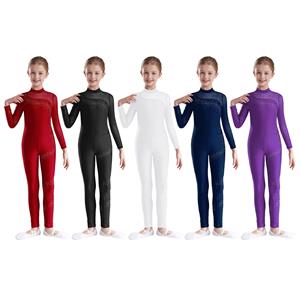 Yeahdor Kinderen Meisjes Kunstschaatsen Dans Gymnastiek Jumpsuit Glinsterende Strass Steentjes Transparant Mesh Patchwork Lange Mouw Keyhole Rug Bodysuit 5-6 Years bordeaux