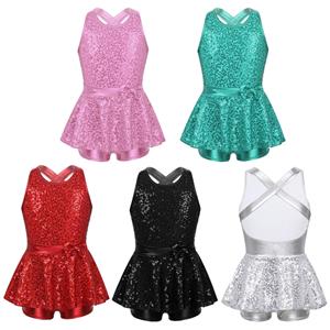 Yeahdor Kinderen Meisjes Pailletten Ballet Jazz Moderne Tap Jurk Gymnastiek Dans Turnpakje Tutu Jurk 5-6 Years zwart