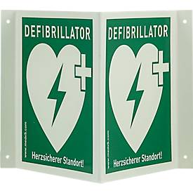 Defibrillator AED hoekbord, B 200 x H 200 mm, fluorescerend