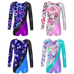 YOOJIA Kinderen Meisjes Metallic Gedrukt Gymnastiek Turnpakje Met Lange Mouwen Ballet Dans Biketard Korte Unitard Dancewear 13-14 Years lavendel