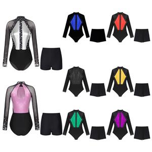 IEFiEL 2 Dames mesh lange mouwen gymnastiek bodysuit met strass steentjes ballet dans turnpakje kleurblok schaats jumpsuit shorts danskleding sets S zwart