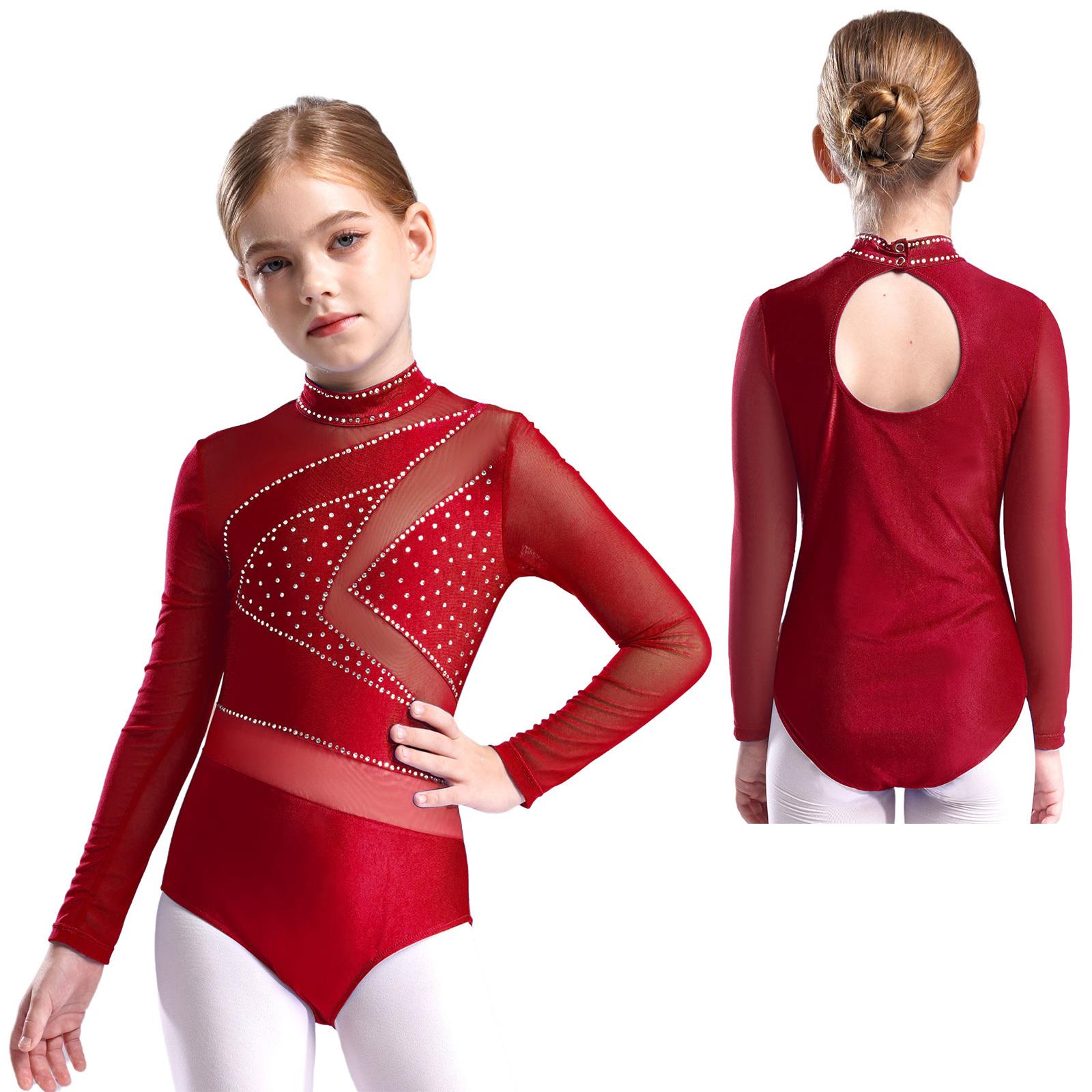 Meisjes gymnastiek kunstschaatsen danskostuum glinsterende strass ballet maillot unitard doorschijnende mesh lange mouwen jumpsuit 5-6 Years blauw