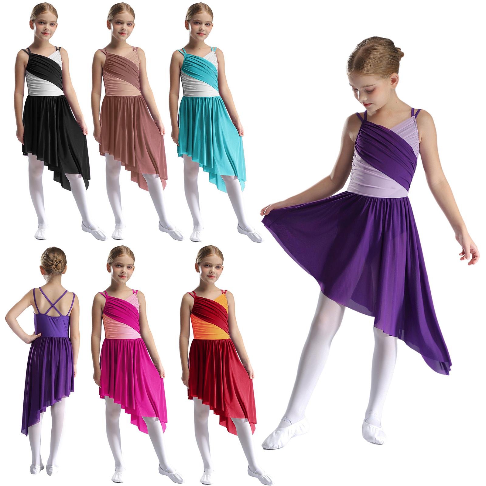 Yunduantong-electronic Kinderen Meisjes Moderne Lyrische Danskleding Slingjurk Hedendaagse Danskleding Transparante Mesh Chiffon Splice Dansjurk Kunstschaatskostuum 9-10 Years