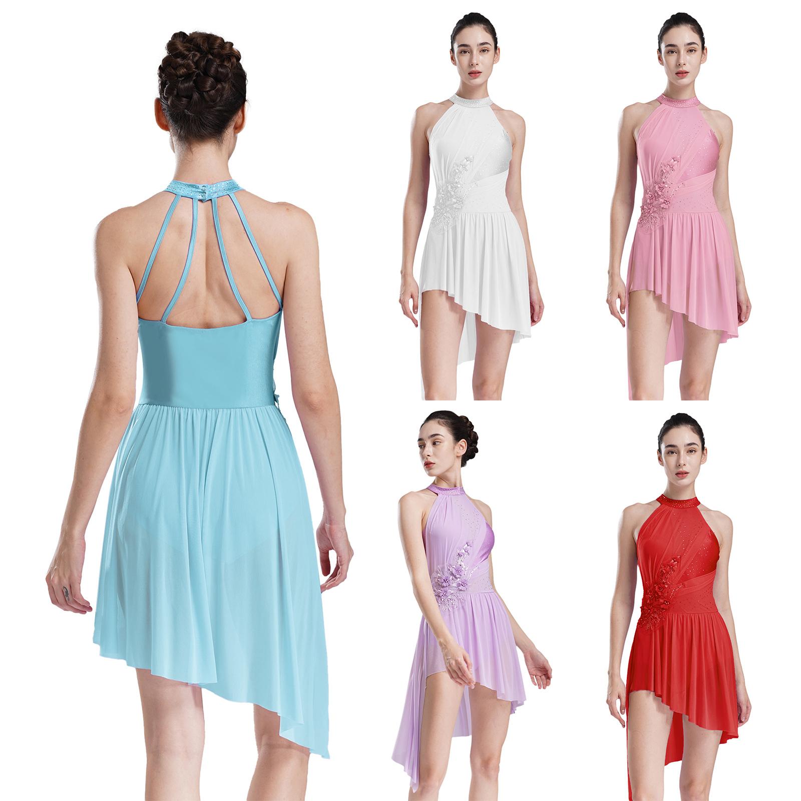 RUNQHUI Vrouwen Ballet Lyrische Dansjurken voor Kunstschaatsen Halter Strappy Rug Asymmetrische Zoom Glanzende Strass Leotard Jurk S