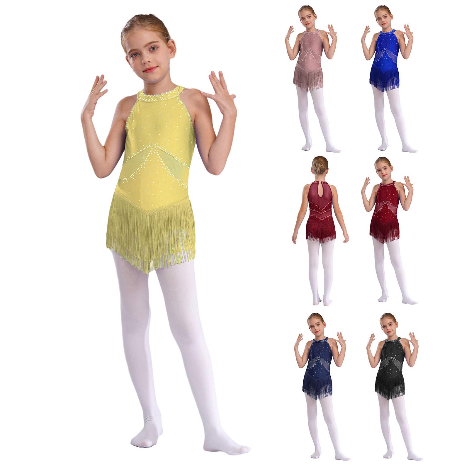 Sxiwei Kinderen Meisjes Glitter Ballet Dans Latijns Jazz Franje Jurk Transparant Mesh Sleutelgat Achterkant Kwastje Leotard Bodysuit 5-6 Years bordeaux
