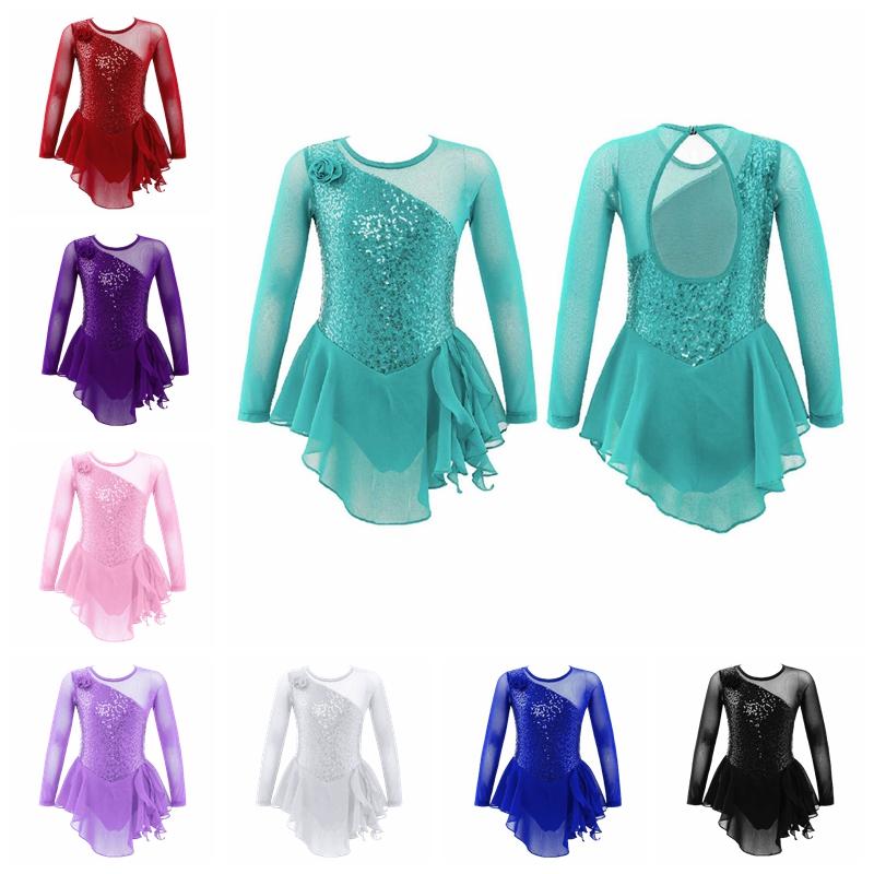 Fldy Girls Jazz Dance Bodysuit Rhythmic Gymnastics Stage Wear Sequin Tulle Splice Long Sleeves Cutouts Back Figure Ice Skating athletic Skirted Leotard 3-4 Years zwart