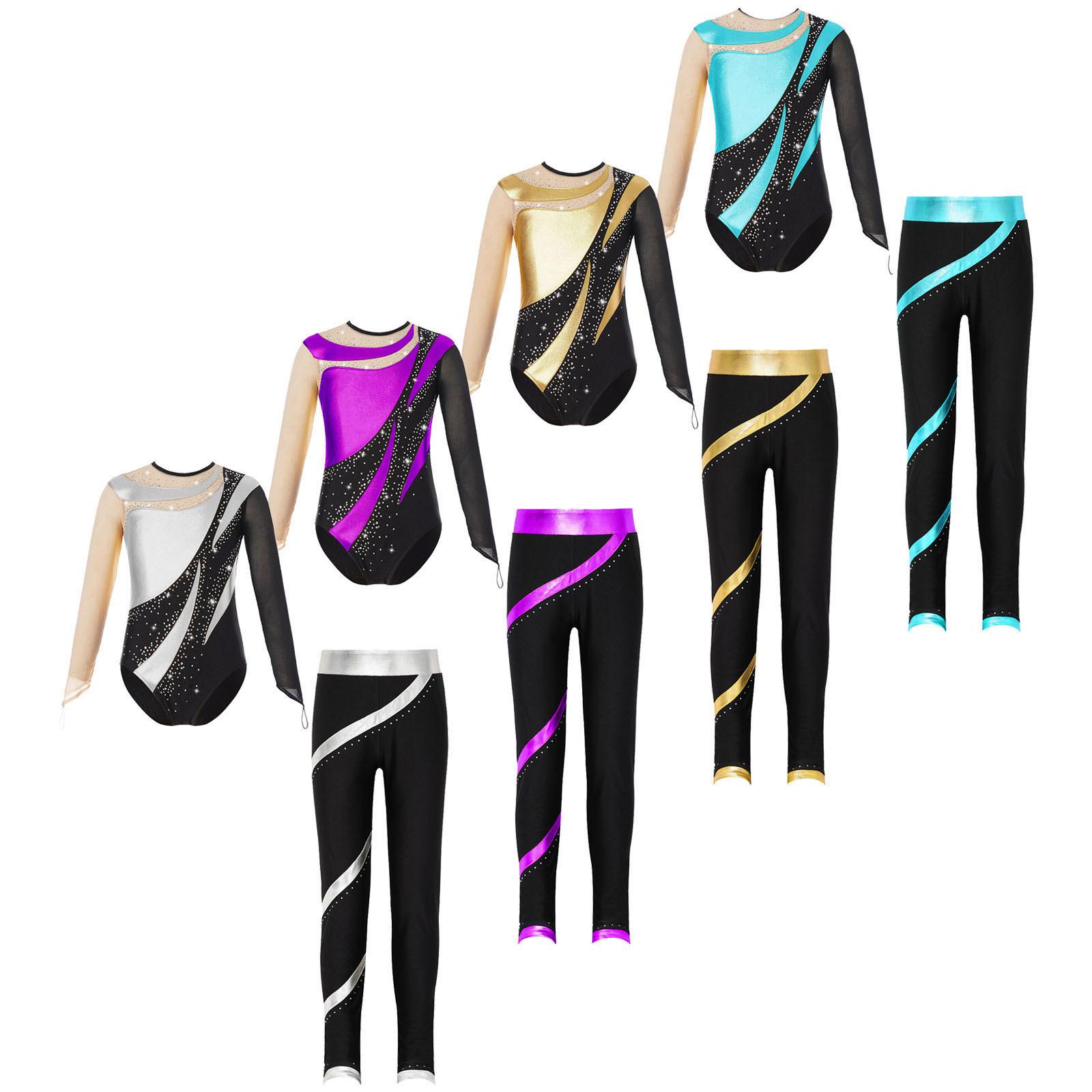 Yunduantong-home Meisjes Danskleding Lange Mouw Gymnastiek Leotards met Leggings Sets Ballet Dans Kunstschaatsen Outfits 11-12 Years zilver