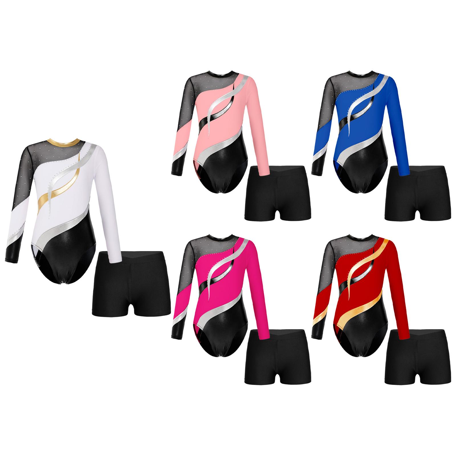 Linjinx Meisjes 2 stuks Sparkle Ballet Dans Outfits Lange mouwen Gymnastiek Leotard Unitard met Shorts 13-14 Years roze