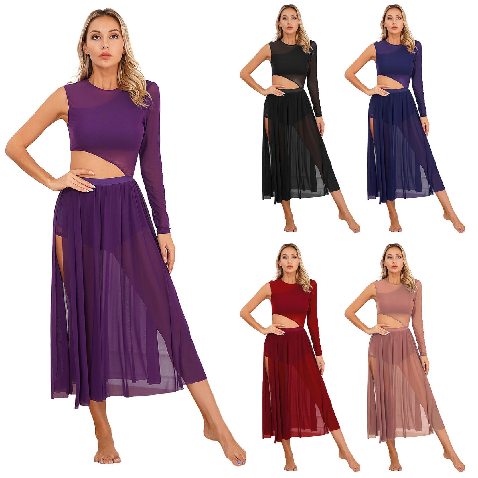 IEFiEL Dames Lyrische Danskostuums Mouwloos Mesh Tule Flowy Maxi Lange Jurk Moderne Hedendaagse Danskleding S zwart