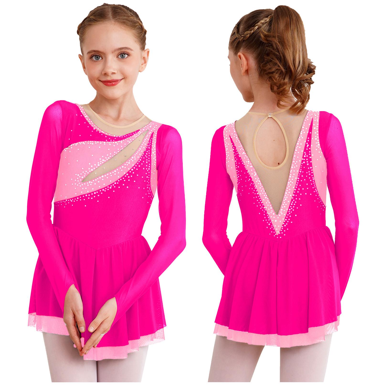 HULIJA Kinderen meisjes sprankelende strass lange mouw kunstschaatsjurk ballet moderne lyrische danskostuum 7-8 Years rood
